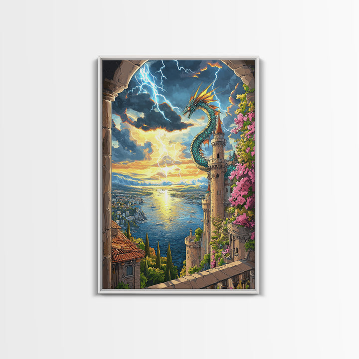 Sunset Sea Dragon Castle Wall Art, Vibrant Fantasy Coastal Landscape Print, Mediterranean Tower Living Room Decor, Gift For Her