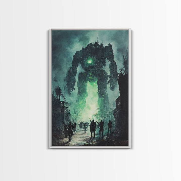 Green Glow Giant Robot Wall Art, Dark Sci Fi Dystopian City Canvas, Futuristic Mech Print, Gaming Room Decor Gift For Him