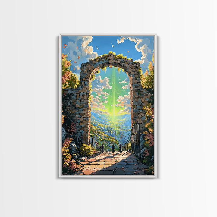 Sunlit Stone Arch Wall Art, Fantasy Coastal Ruins Canvas Print, Ocean Garden Path Landscape, Mediterranean Home Decor Gift