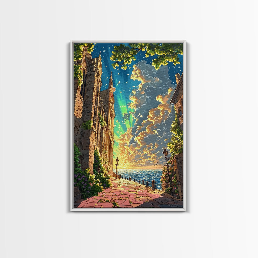 Seaside Gothic Cathedral Wall Art, Sunset Fantasy City Path Print, Aurora Sky Castle Decor, Whimsical Coastal Home Decor