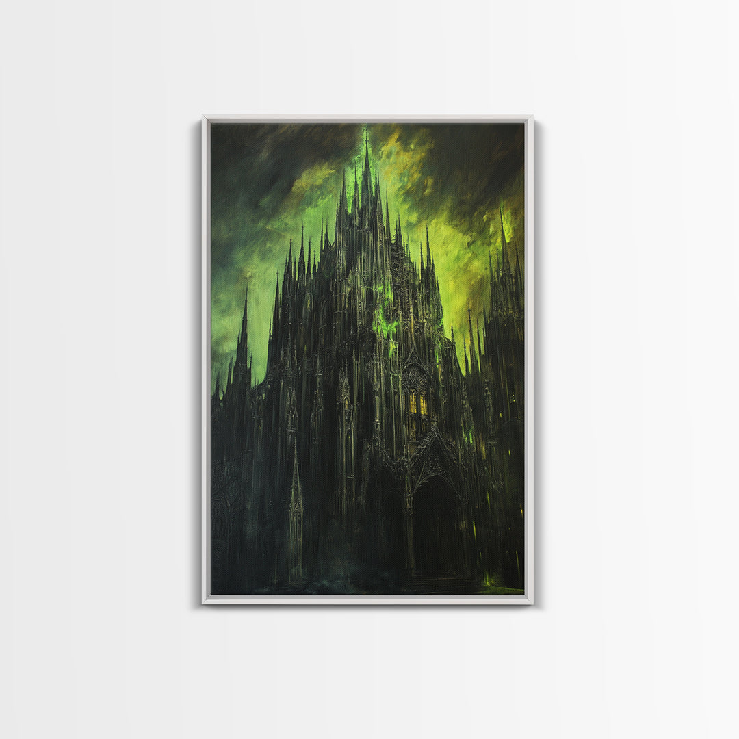 Dark Green Gothic Cathedral Wall Art, Moody Fantasy Castle Canvas Print, Black Spire Architecture, Dark Academia Decor Gift