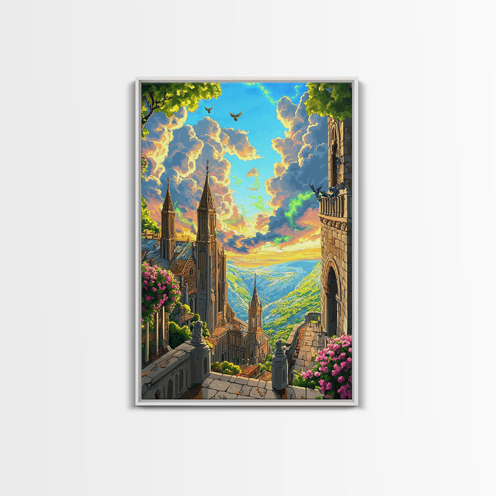 Sunlit Fantasy Cathedral Wall Art, Mountain Valley Castle Print, Floral Stone Balcony Landscape, Whimsical Home Decor Gift