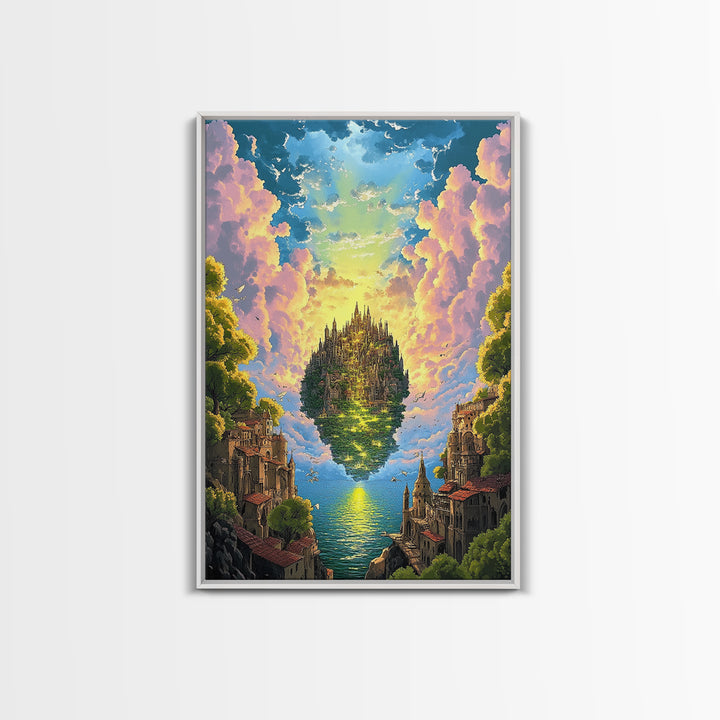 Floating Island Castle At Golden Sunset Canvas Print, Fantasy Wall Decor, Coastal Landscape Art, Large Living Room Decor