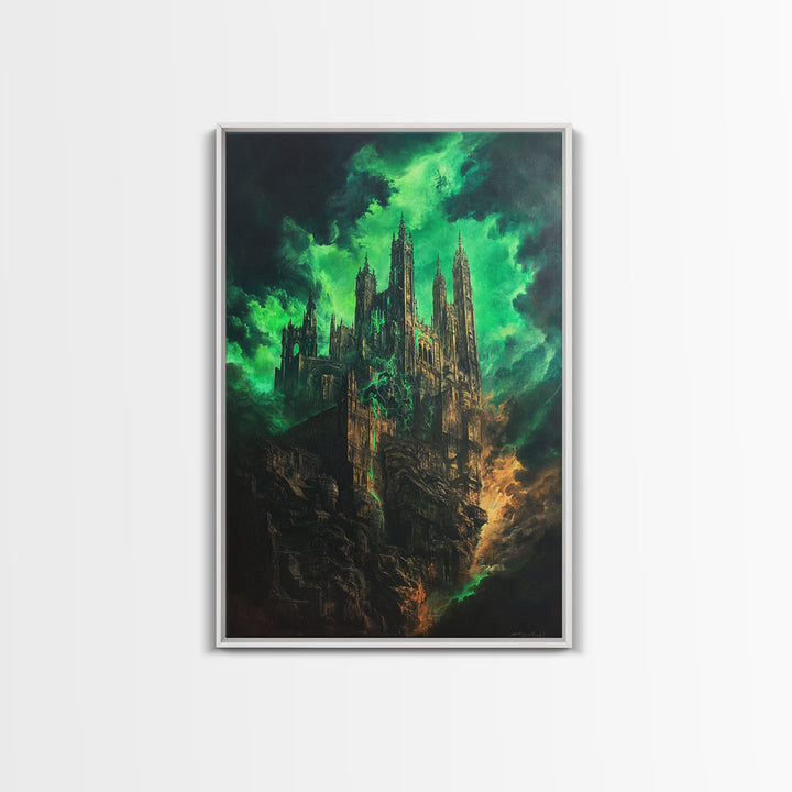 Emerald Gothic Cathedral In Storm Clouds Framed Canvas Print, Dark Fantasy Art, Moody Wall Decor, Dramatic Office Decor