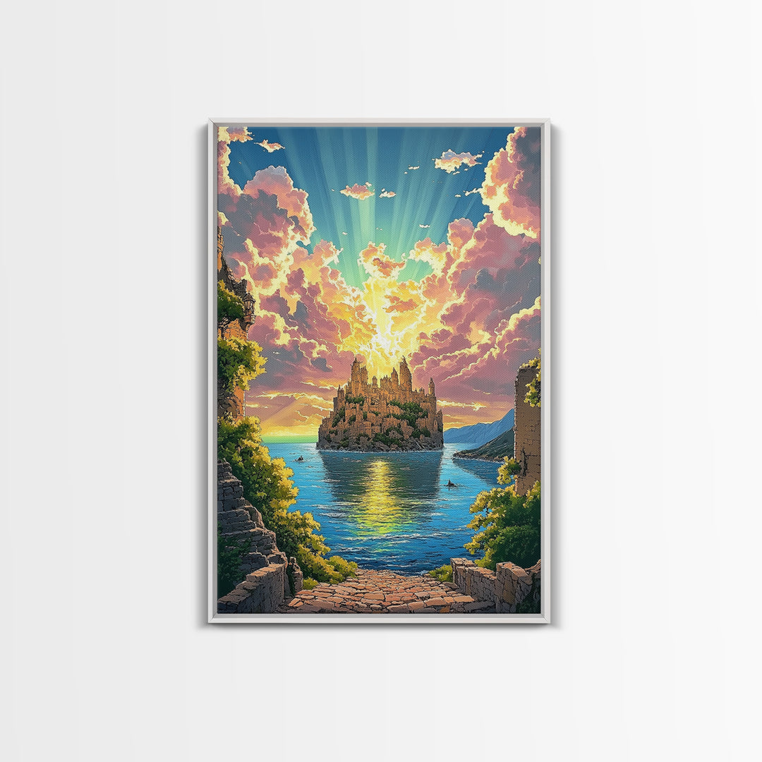 Sunlit Island Castle With Pink Clouds Canvas Print, Fantasy Landscape Wall Art, Coastal Decor, Large Living Room Art, Home Decor