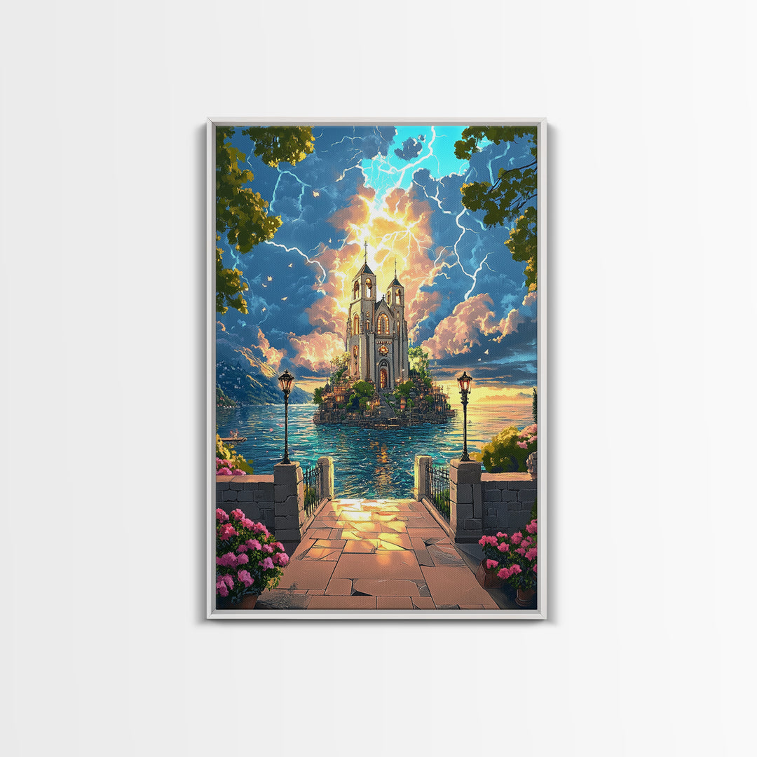 Lightning Over Island Cathedral And Lake Walkway Wall Art, Fantasy Landscape Print, Statement Living Room Decor Gift Idea