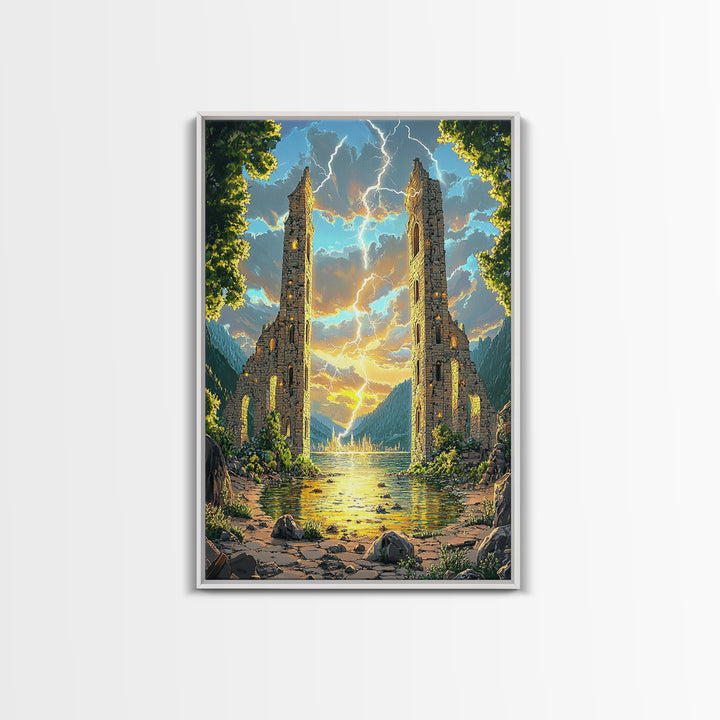 Ancient Ruined Towers With Lightning At Lake Canvas Print, Fantasy Landscape Wall Art, Mountain Decor, Dramatic Home Decor