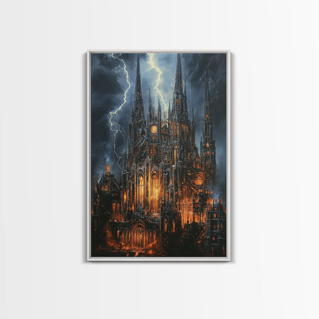 Stormy Gothic Cathedral With Orange Glow Framed Canvas Print, Dark Academia Wall Art, Moody Office Decor, Fantasy Art, Gift