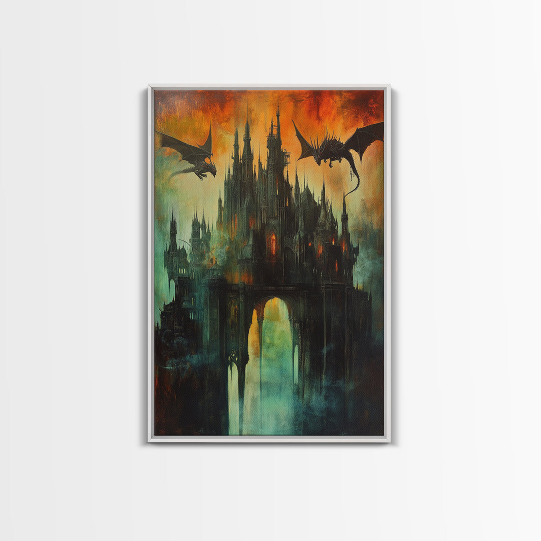 Dragon Silhouettes Above Dark Castle Canvas Print, Gothic Fantasy Wall Art, Surreal Art Print, Moody Living Room Decor, Gift