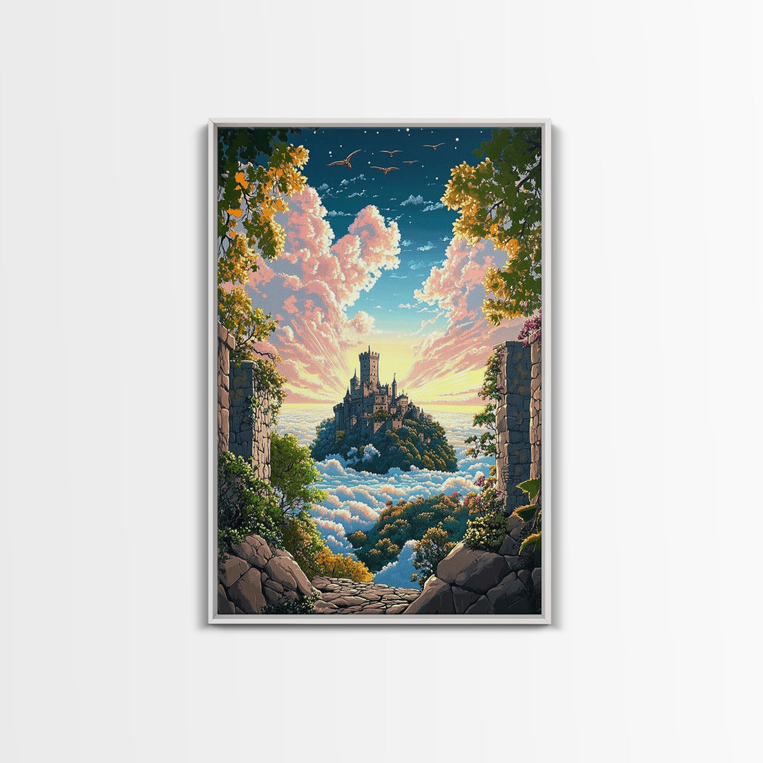 Castle Above Clouds Through Stone Gate Canvas Print, Dreamy Fantasy Wall Art, Whimsical Decor, Large Bedroom Wall Art, Gift