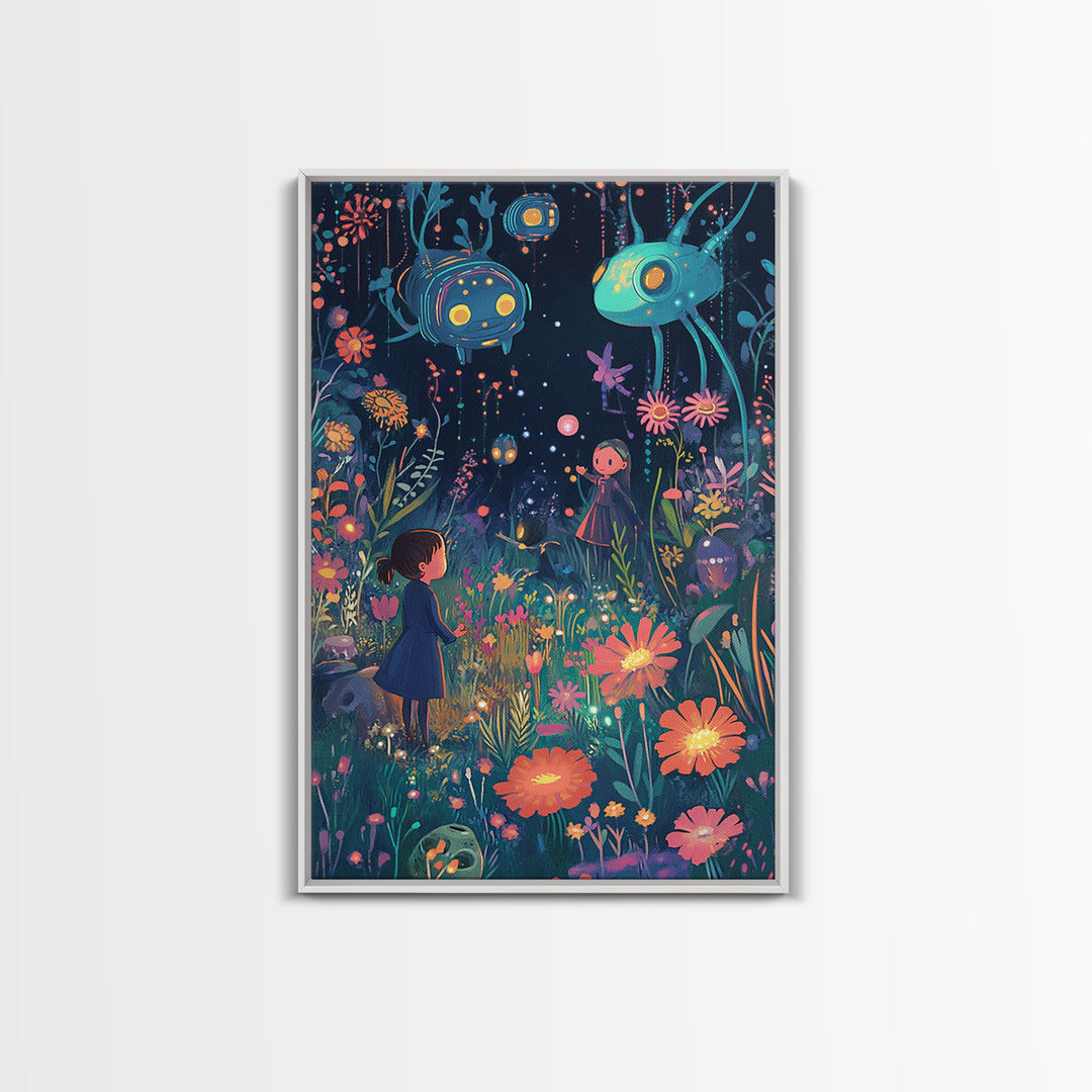 Whimsical Night Garden With Glowing Flowers Canvas Print, Kids Room Wall Art, Nursery Decor, Colorful Fantasy Art Gift Idea