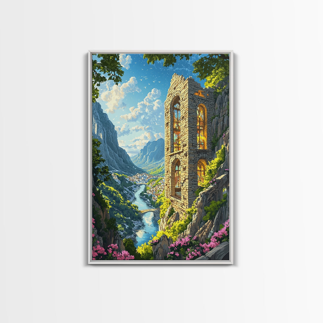 Sunlit Cliffside Stone Tower Above Alpine River Valley Wall Art, Fantasy Landscape Print, Gothic Ruins Decor Gift For Living Room