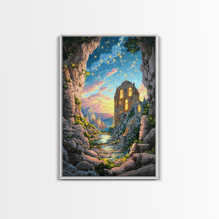 Twilight Cave Ruins With Glowing Windows And Starry Sky Framed Canvas Print, Fantasy Mountain Wall Decor For Cozy Home Gift