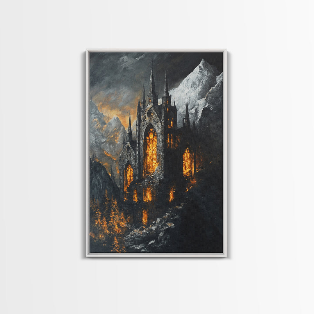 Dark Gothic Cathedral In Snowy Mountains With Amber Windows Canvas Print, Moody Fantasy Wall Art, Dark Academia Decor For Office