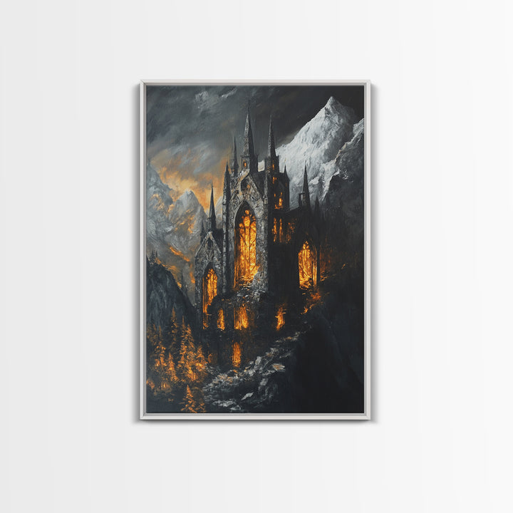Dark Gothic Cathedral In Snowy Mountains With Amber Windows Canvas Print, Moody Fantasy Wall Art, Dark Academia Decor For Office