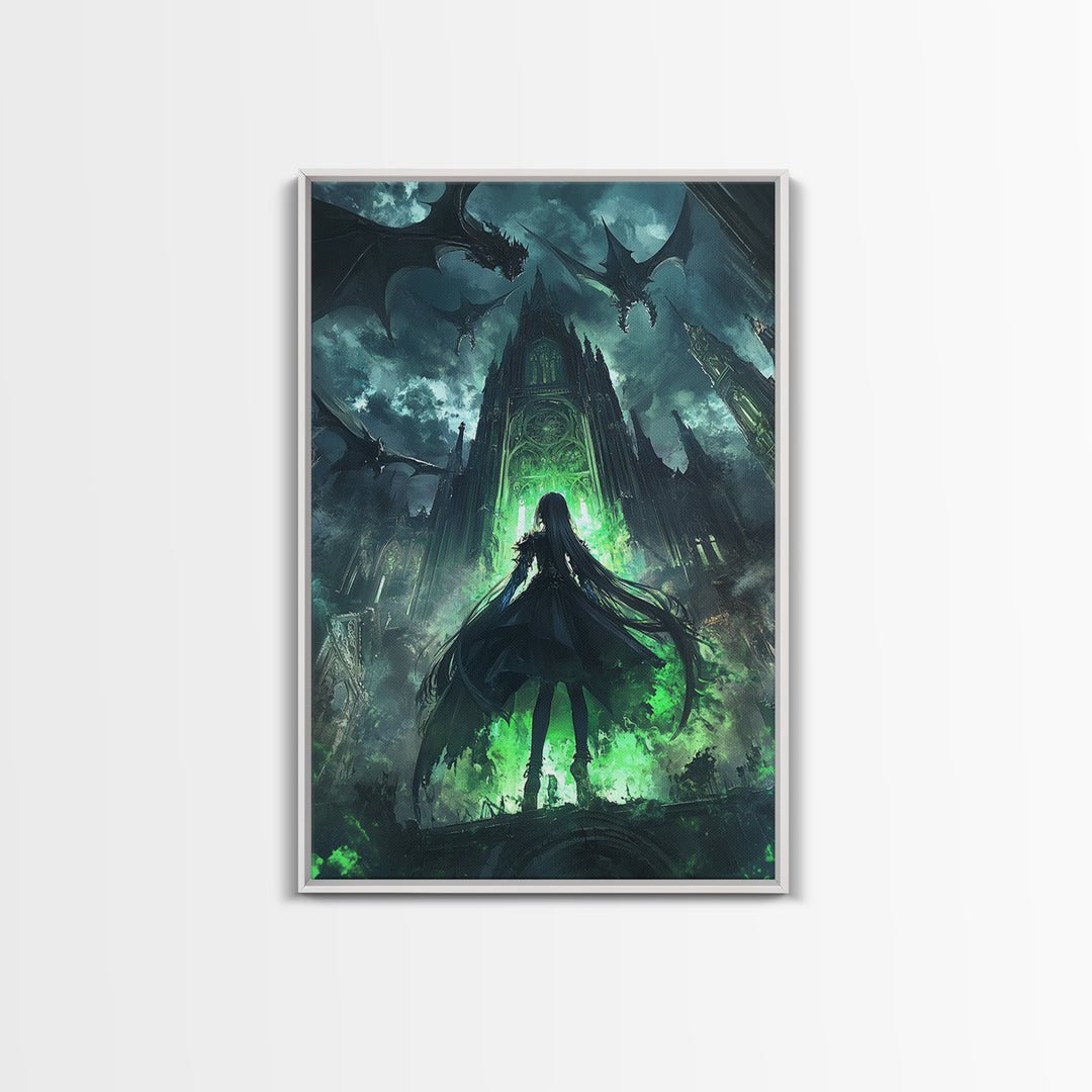 Dark Dragon Cathedral With Green Portal And Girl Silhouette Framed Canvas Print, Gothic Fantasy Wall Art, Moody Decor Gift