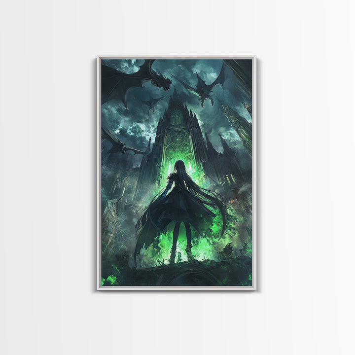 Dark Dragon Cathedral With Green Portal And Girl Silhouette Framed Canvas Print, Gothic Fantasy Wall Art, Moody Decor Gift
