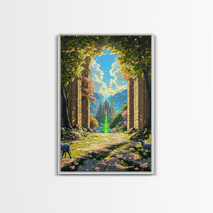 Enchanted Garden Archway To Distant Cathedral With Green Magic Wall Art, Fantasy Landscape Print, Whimsical Decor For Living Room