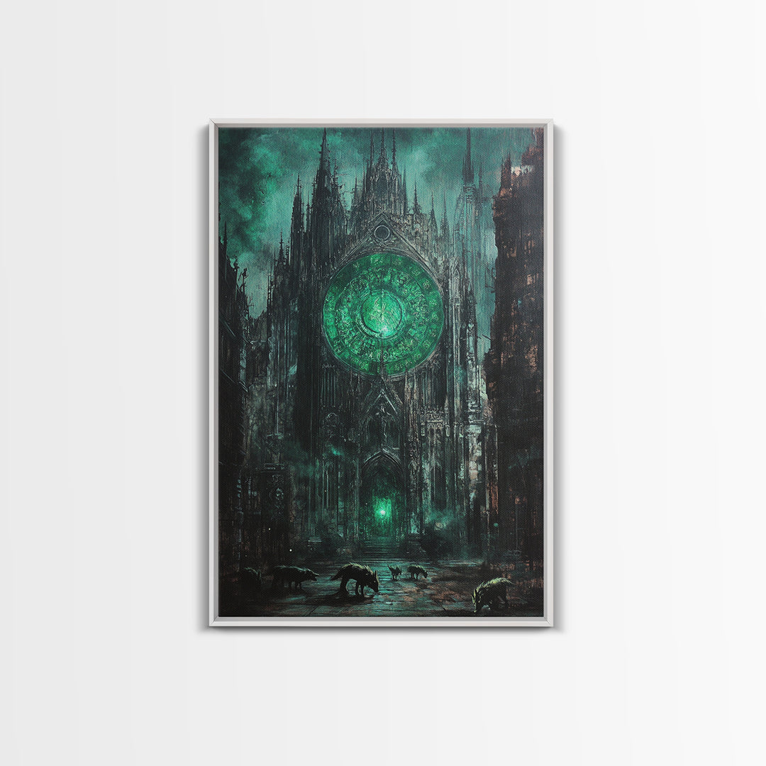 Emerald Rose Window On Dark Gothic Cathedral With Wolves Wall Art, Moody Fantasy Print, Dark Academia Office Decor For Living Room