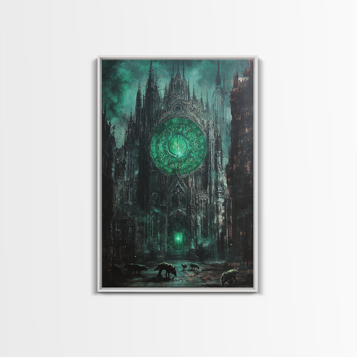 Emerald Rose Window On Dark Gothic Cathedral With Wolves Wall Art, Moody Fantasy Print, Dark Academia Office Decor For Living Room