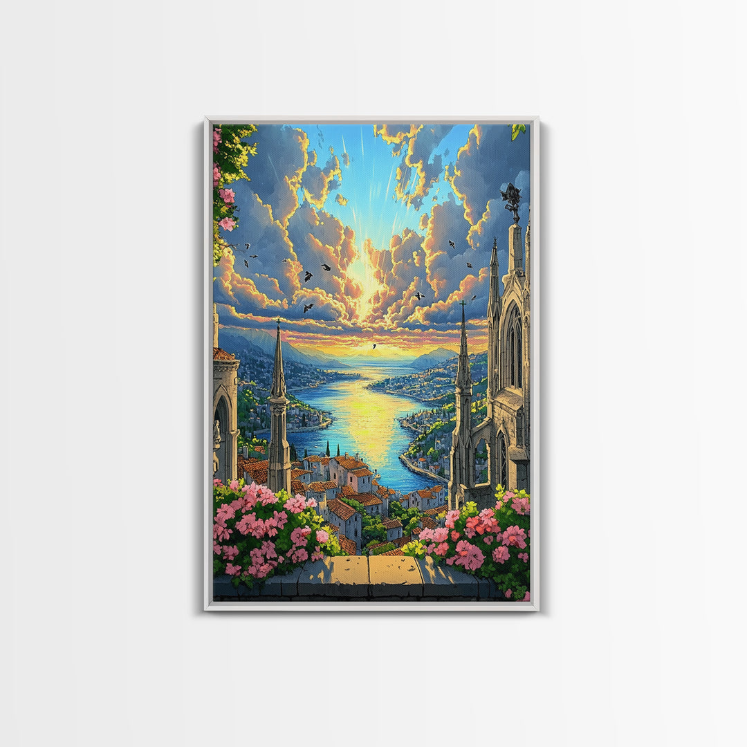 Sunset Harbor City From Cathedral Balcony With Pink Flowers Framed Canvas Print, Coastal Fantasy Wall Art, Home Decor For Living Room