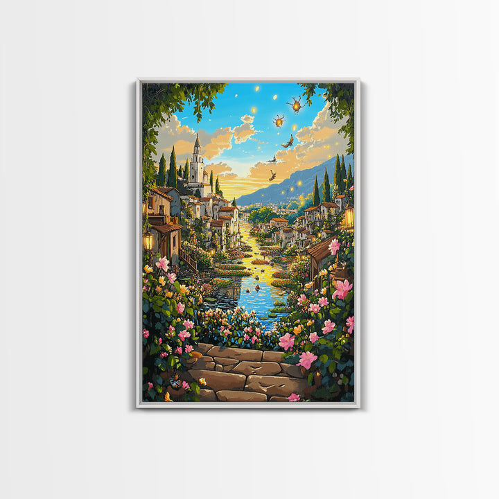 Sunlit Fantasy Village Canal With Flowers Canvas Print, Mediterranean Castle Wall Art For Living Room Decor Housewarming Gift