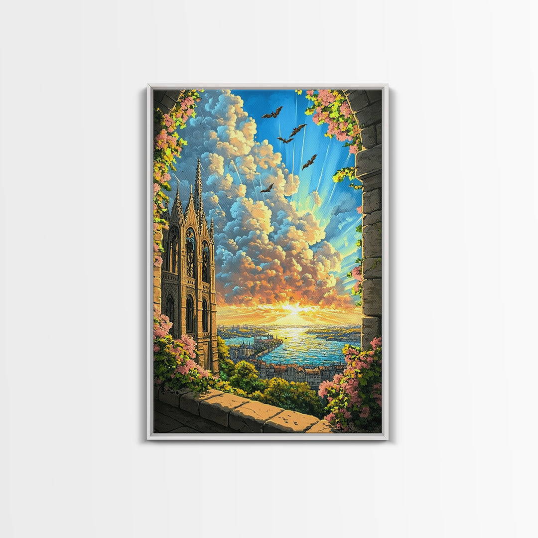 Gothic Cathedral Window At Golden Sunset Framed Canvas Print, Fantasy Landscape Wall Art For Bedroom Home Decor Gift For Her