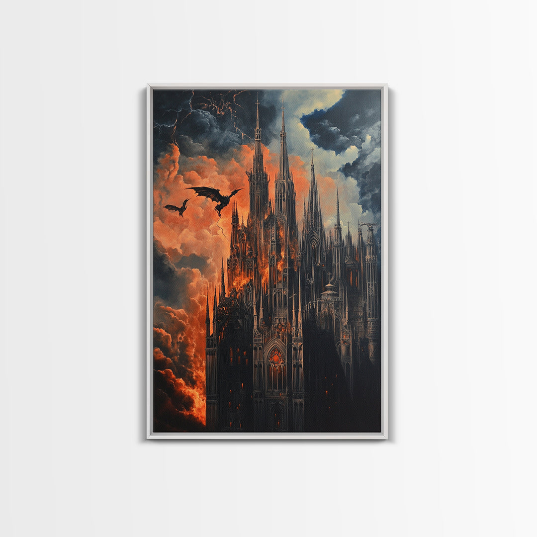 Burning Gothic Cathedral With Dragons Framed Canvas Print, Dark Fantasy Wall Art For Moody Gothic Office Decor Gift For Him