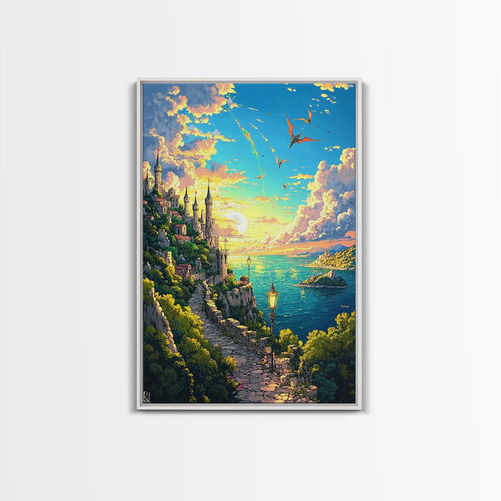 Sunset Seaside Castle Path With Dragons Canvas Print, Fantasy Coastal Wall Art For Living Room Home Decor Housewarming Gift
