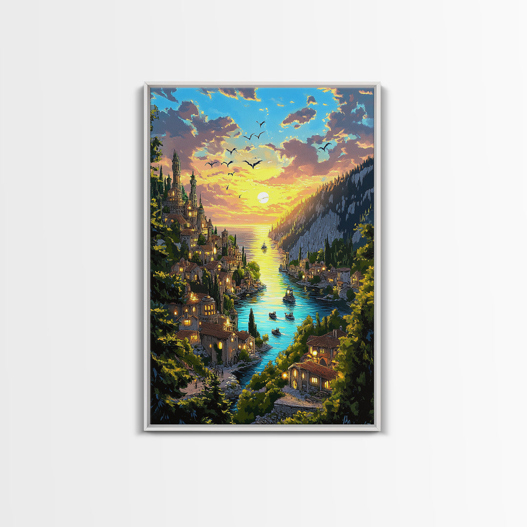 Glowing River Valley Castle Village Canvas Print, Fantasy Landscape Wall Art For Cozy Living Room Decor Housewarming Gift