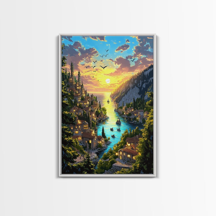 Glowing River Valley Castle Village Canvas Print, Fantasy Landscape Wall Art For Cozy Living Room Decor Housewarming Gift