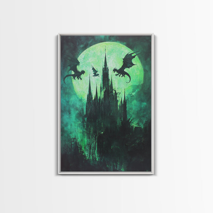 Green Moon Dragon Castle Framed Canvas Print, Gothic Dark Fantasy Wall Art For Moody Bedroom Decor Halloween Gift For Him