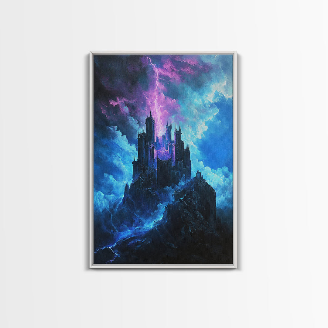 Stormy Gothic Castle With Purple Lightning Canvas Print, Dark Fantasy Wall Art For Moody Bedroom And Office Decor Gift For Him