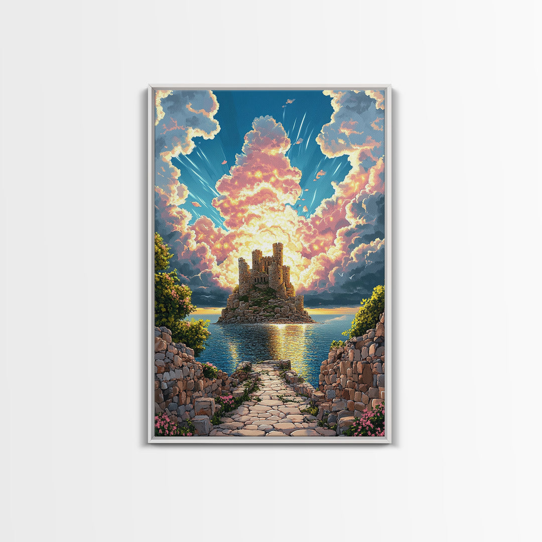 Island Castle Ruins Under Radiant Clouds Canvas Print, Coastal Fantasy Wall Art For Living Room Home Decor Housewarming Gift