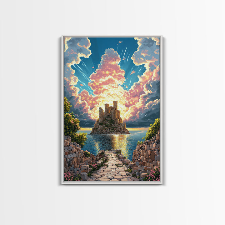 Island Castle Ruins Under Radiant Clouds Canvas Print, Coastal Fantasy Wall Art For Living Room Home Decor Housewarming Gift