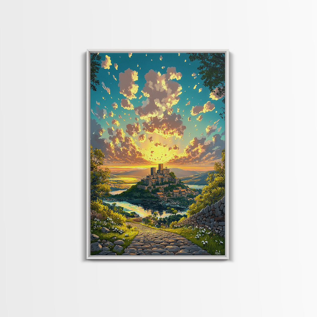 Sunrise Hilltop Castle Village Stone Path Canvas Print, Fantasy Landscape Wall Art For Living Room Decor Housewarming Gift
