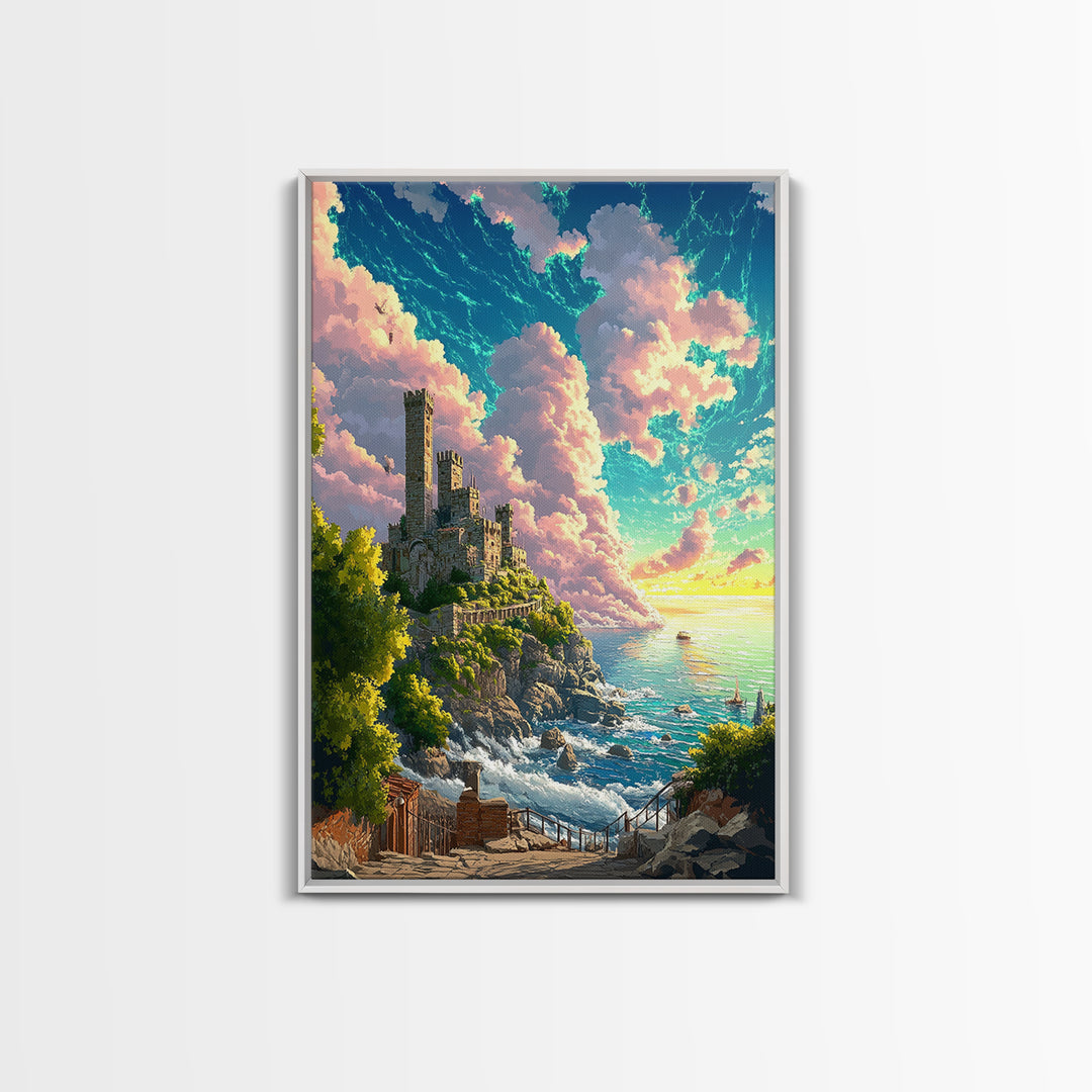 Sunlit Coastal Castle By Turquoise Sea Wall Art, Fantasy Landscape Print, Ocean Cliff Decor, Large Canvas Home Decor, Gift
