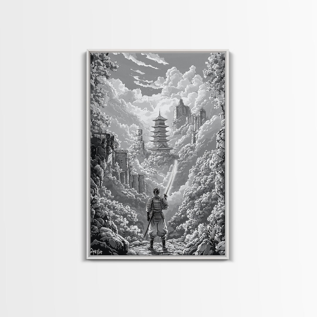 Black And White Samurai Temple Wall Art, Japanese Pagoda Fantasy Print, Monochrome Landscape, Framed Canvas Print, Home Decor