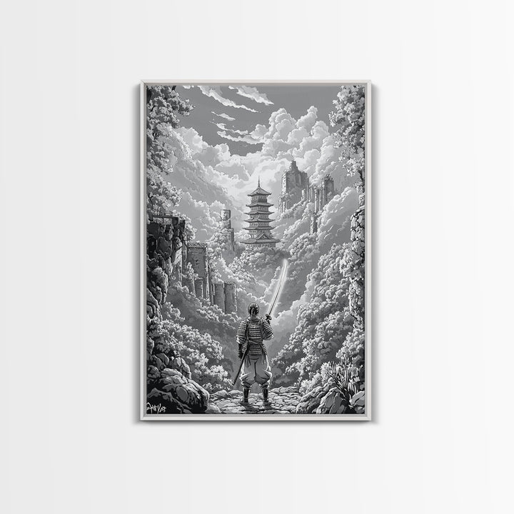 Black And White Samurai Temple Wall Art, Japanese Pagoda Fantasy Print, Monochrome Landscape, Framed Canvas Print, Home Decor