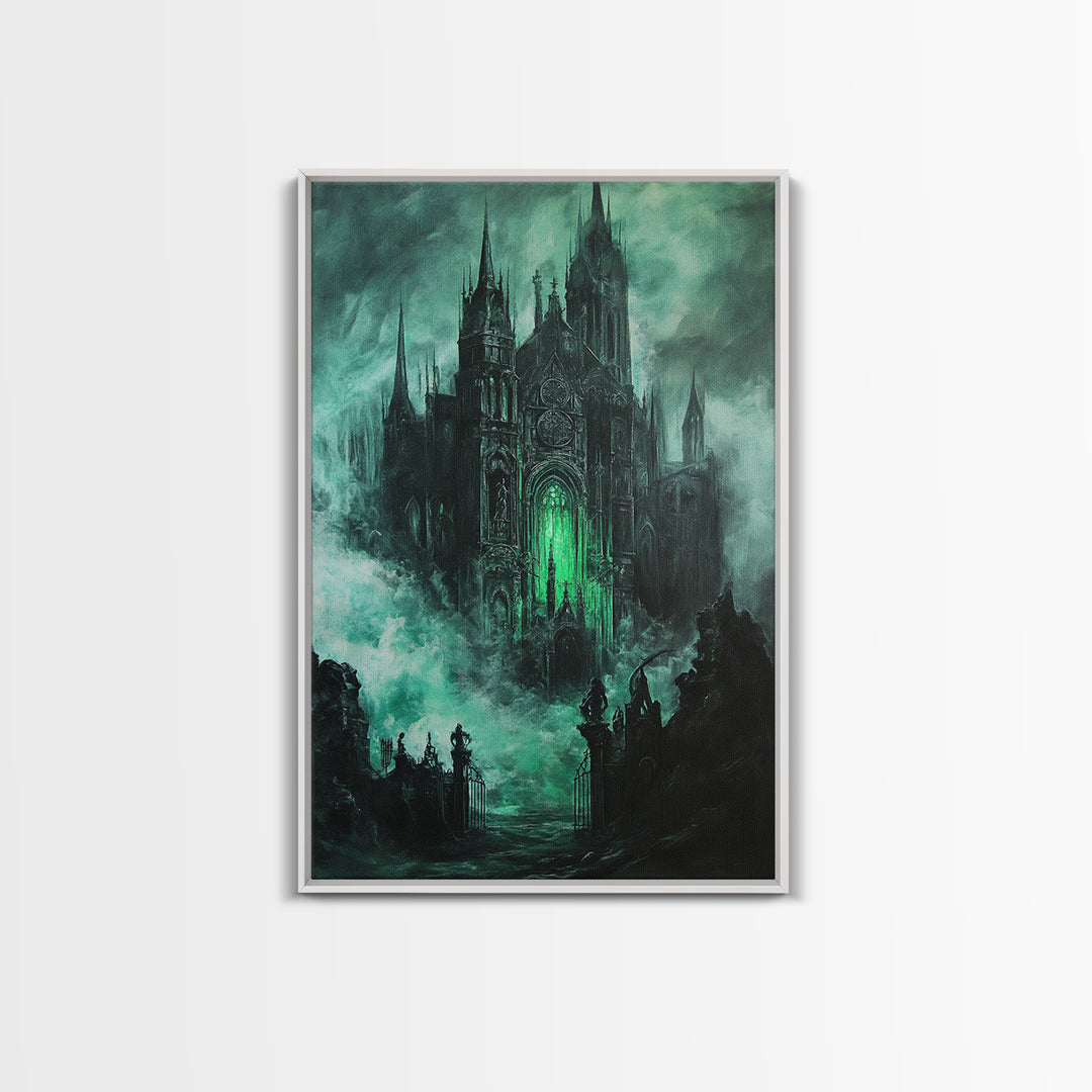 Haunted Gothic Cathedral In Emerald Mist Wall Art, Dark Academia Decor, Fantasy Architecture, Moody Framed Canvas Print, Gift