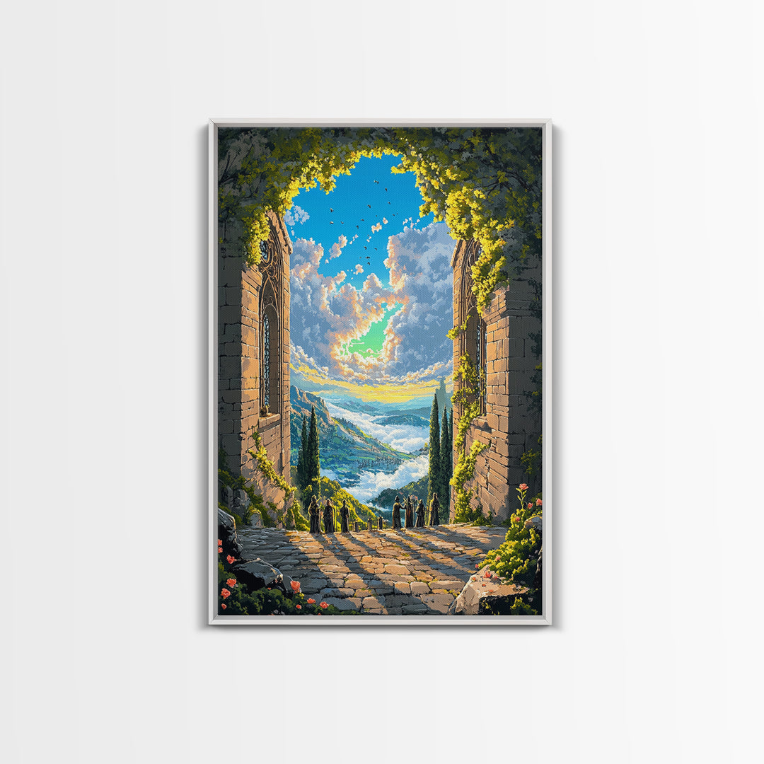 Sunlit Stone Archway Over Mountain Valley Wall Art, Italian Landscape Print, Garden Ruins Decor, Large Framed Canvas Print