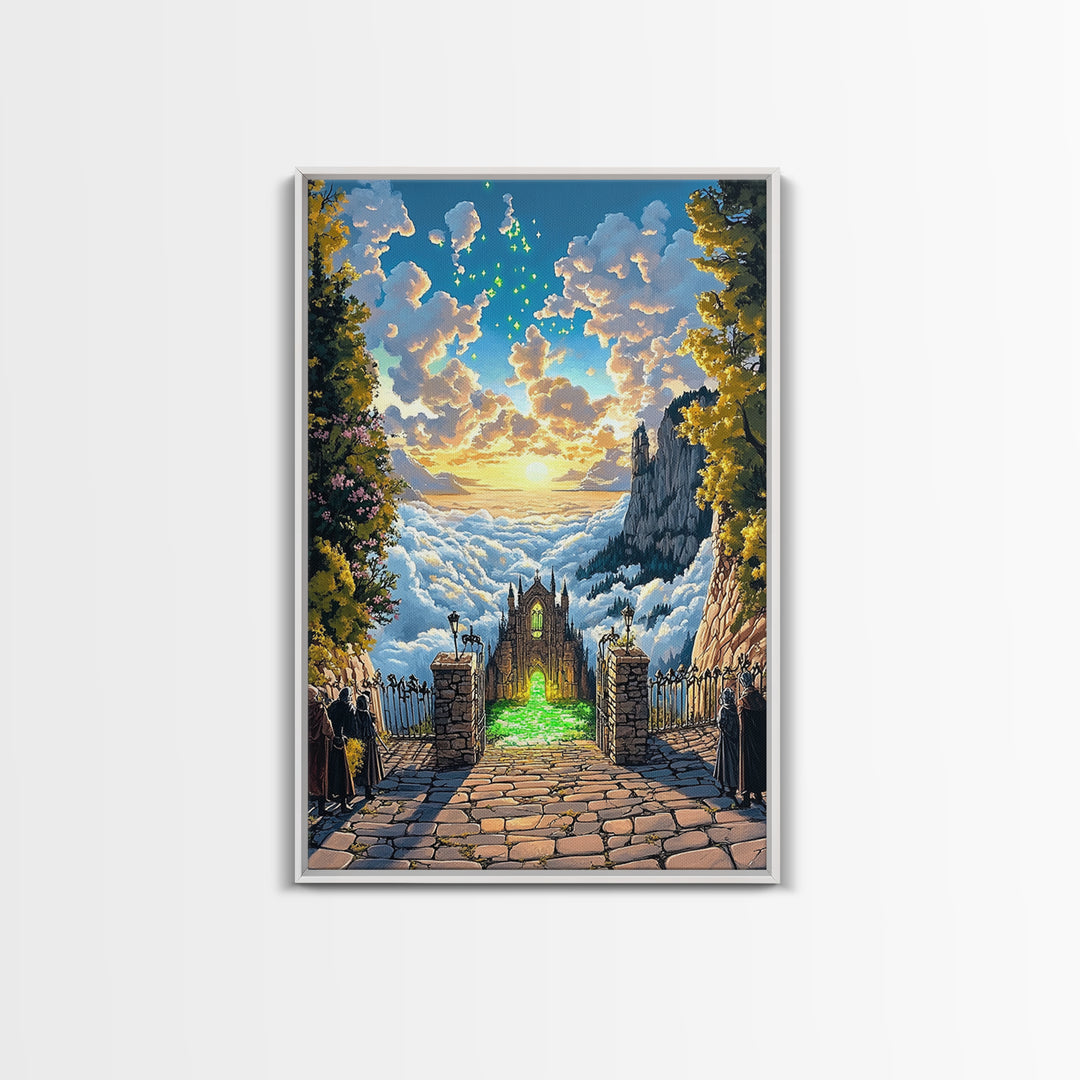 Glowing Cathedral Gate Above Cloud Sea Wall Art, Fantasy Landscape Print, Celestial Castle Decor, Large Framed Canvas Print