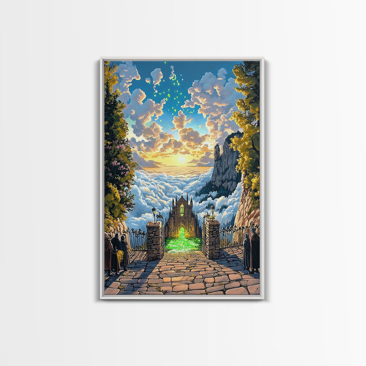 Glowing Cathedral Gate Above Cloud Sea Wall Art, Fantasy Landscape Print, Celestial Castle Decor, Large Framed Canvas Print