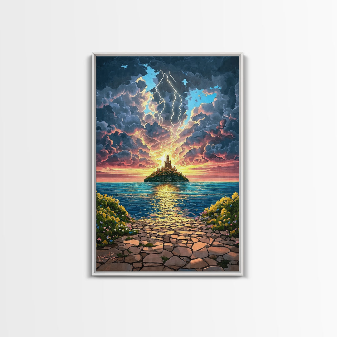 Lightning Over Island Tower At Sunset Wall Art, Dramatic Ocean Seascape Print, Fantasy Coastal Decor, Framed Canvas Print