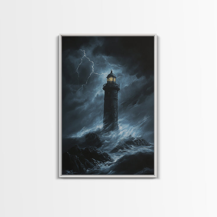 Stormy Lighthouse In Moonlit Waves Wall Art, Dark Coastal Seascape Print, Nautical Ocean Decor, Large Framed Canvas Print