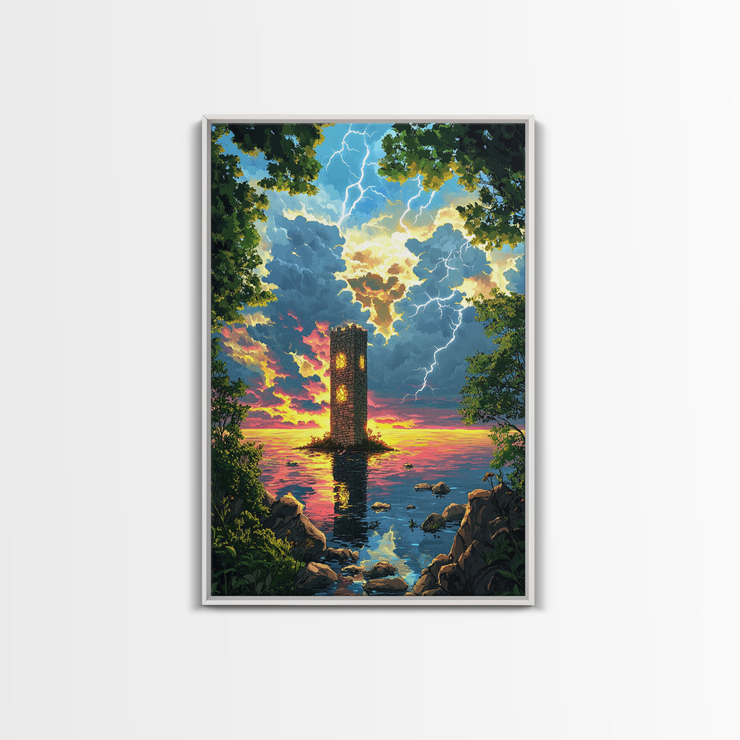 Lightning Struck Sea Tower At Sunset Canvas Print, Fantasy Coastal Wall Art, Stormy Ocean Decor, Large Framed Canvas Print