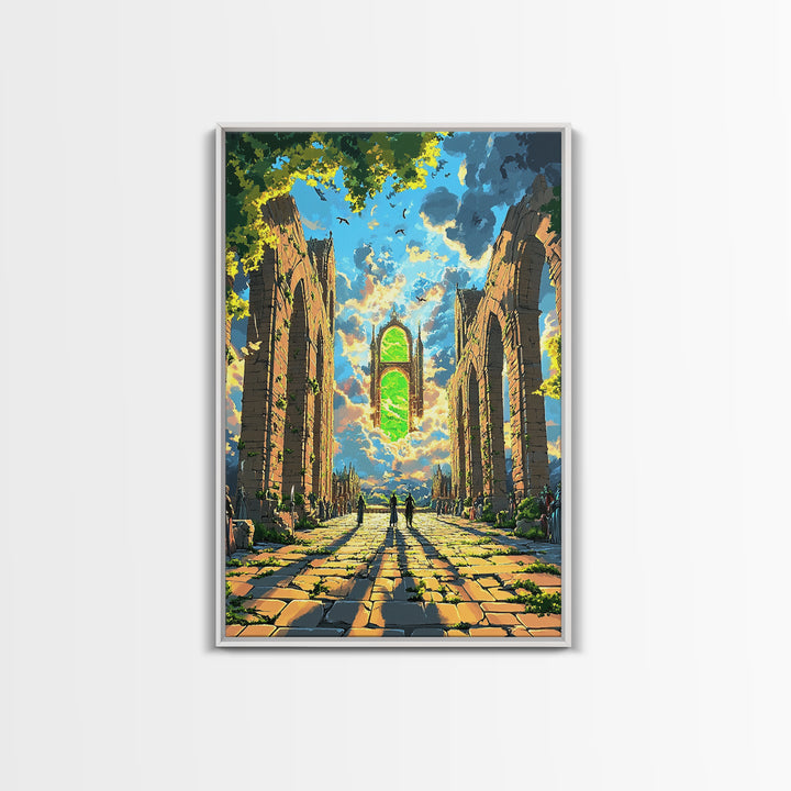 Sunlit Ruined Cathedral Portal Canvas Print, Fantasy Wall Art, Gothic Architecture, Mystical Landscape, Living Room Decor