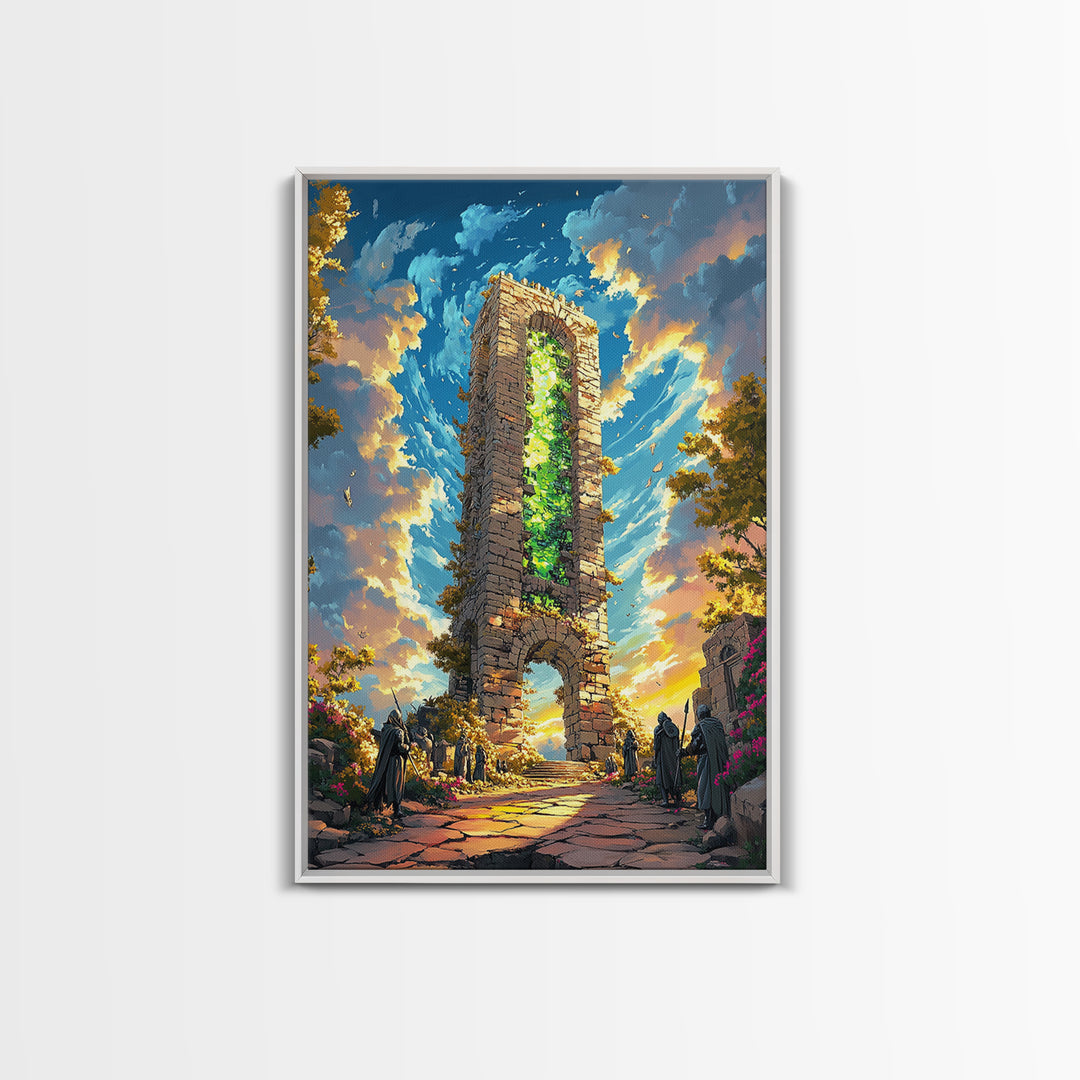 Glowing Stone Tower Gate Framed Canvas Print, Fantasy Wall Art, Gothic Ruins, Magical Landscape, Statement Home Decor, Living Room Art
