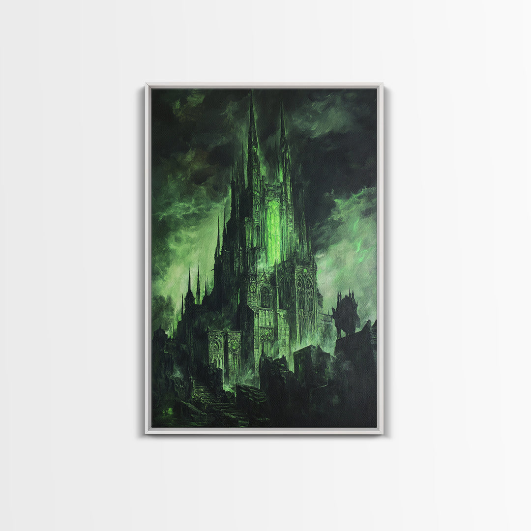 Dark Green Gothic Cathedral Wall Art, Fantasy Castle Print, Dark Academia Decor, Moody Wall Decor, Gothic Canvas Print, Mystical Art