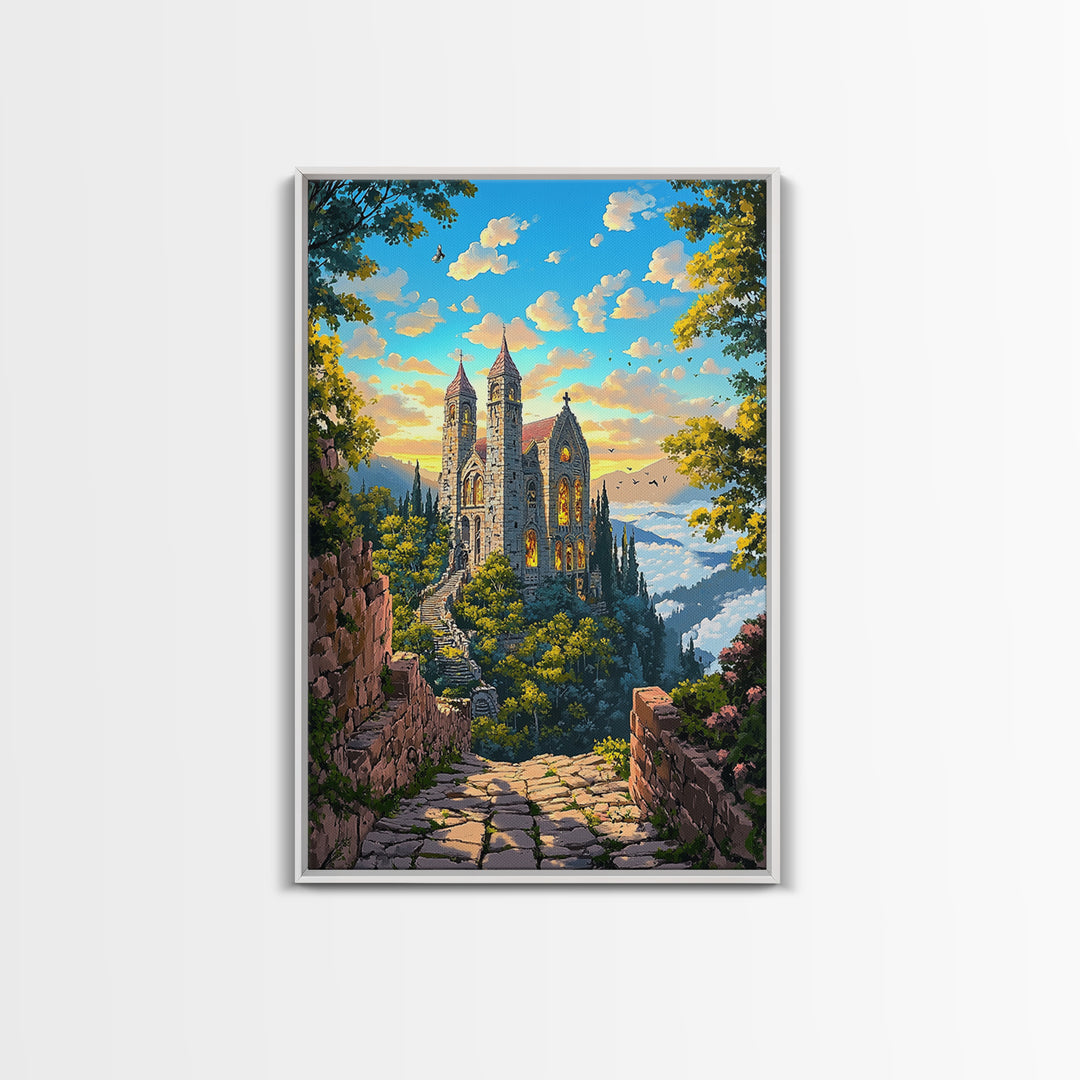 Stone Hilltop Abbey Framed Canvas Print, Fantasy Landscape Wall Art, Gothic Architecture, Nature Decor, Living Room Art, Home Decor